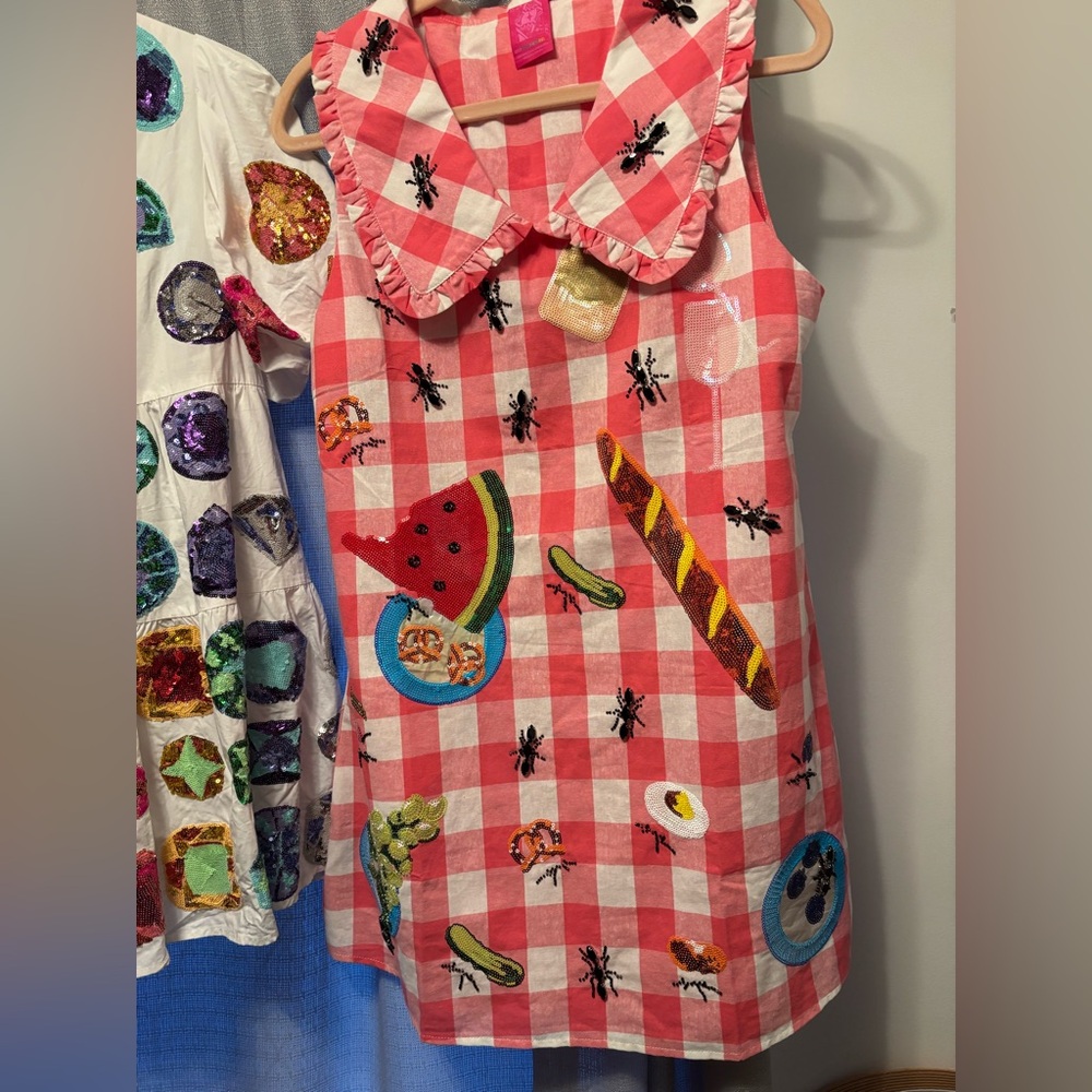 BNWOT Queen of Sparkles Picnic Dress Pink Gingham w jeweled embellishments Sz M